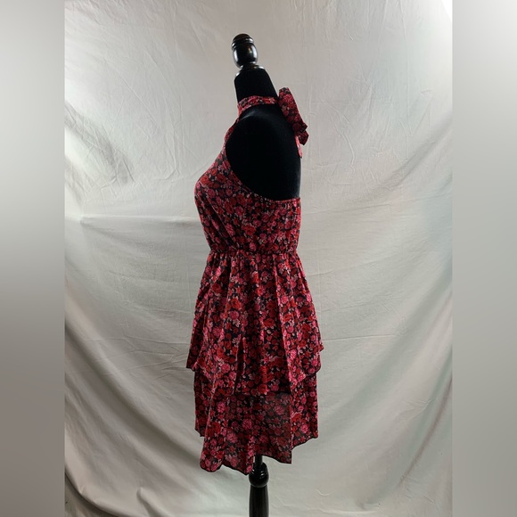 Rose Floral Print Layered Ruffle Hem Belted Halter Dress - Picture 8 of 9